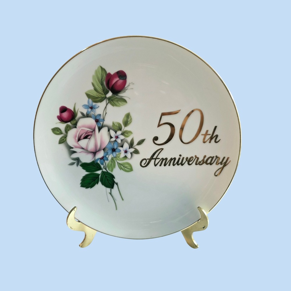 Vintage 50th Anniversary Porcelain Plate Floral Gold Trim Celebration Home Decor